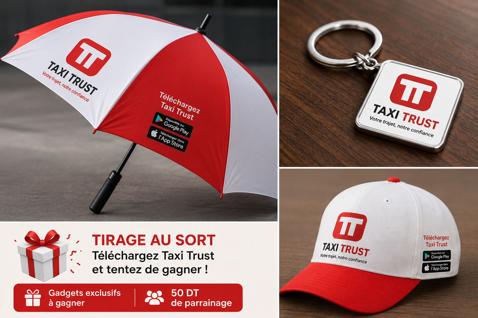 Cadeaux Taxi Trust — parapluies, portés clés et plus